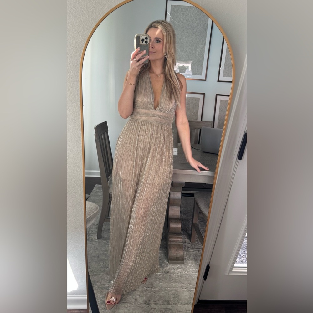 Solemio Metallic Gold Plunge V-Neck Prom Dress